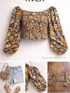 RVCA Floral Smocked Crop Top Boho Puff Sleeve Cottagecore Festival Blouse